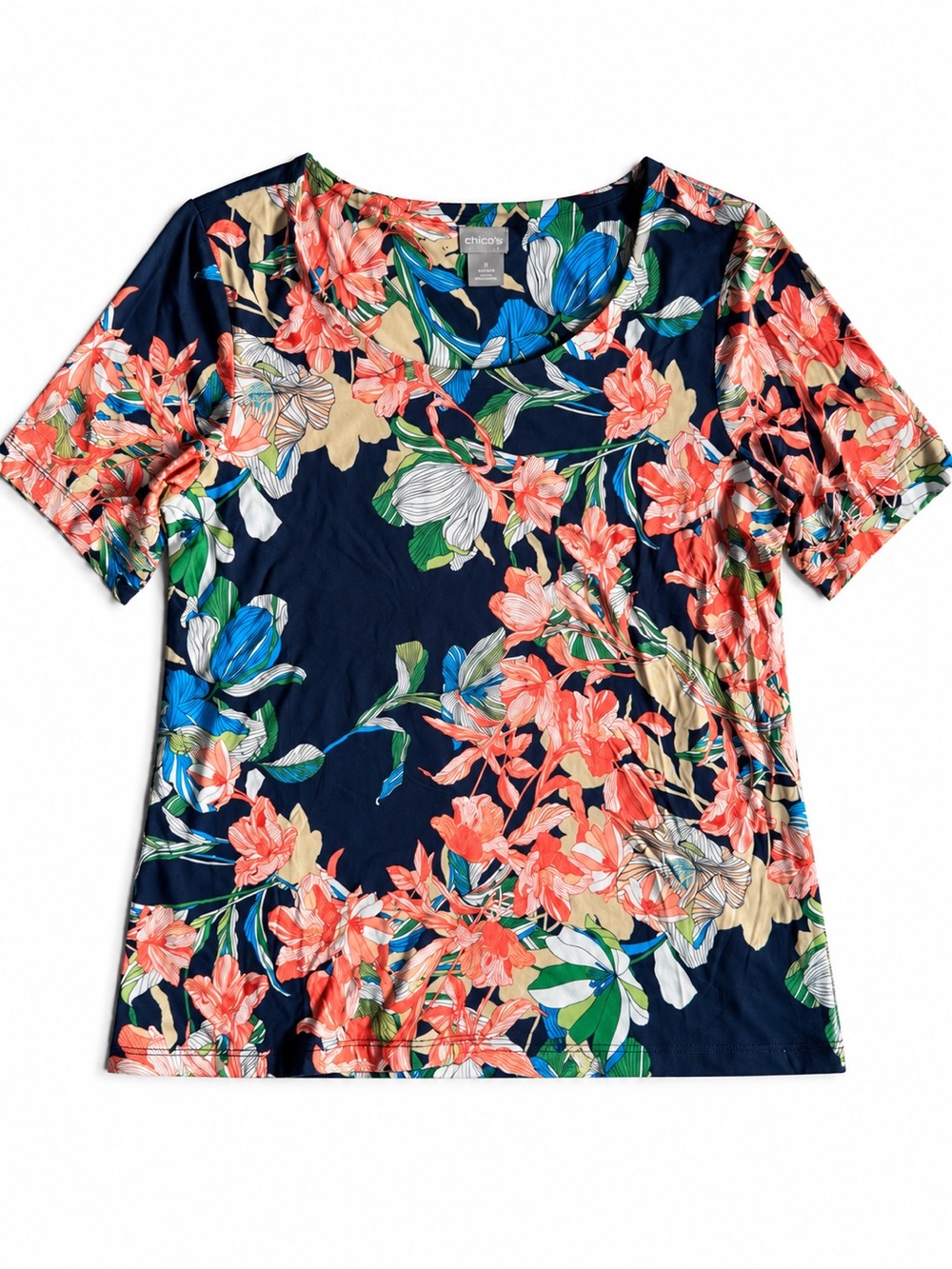 Chico’s Short Sleeve Top Navy Multicolor Floral Shirt Blouse Size 1 (Medium)